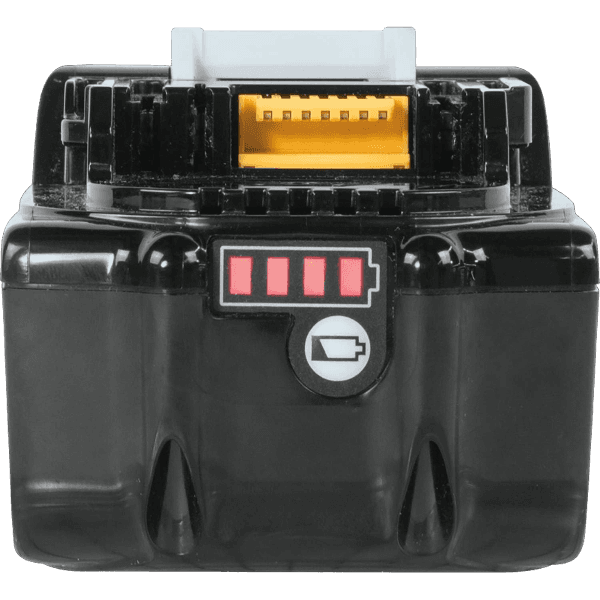 Close-up of Makita rechargeable 18V lithium-ion battery with LED charge level for power tool accessories collection