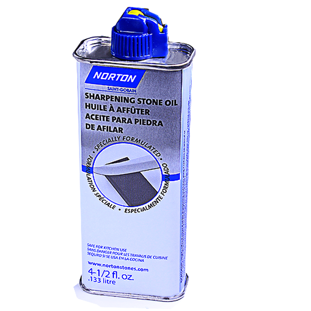 Metal container of Norton sharpening stone oil with blue cap designed for tools and home improvement use