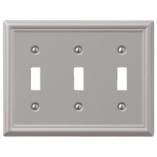 Decorative three toggle wallplate in brushed nickel finish for electrical and toggle wall plates collections under $50
