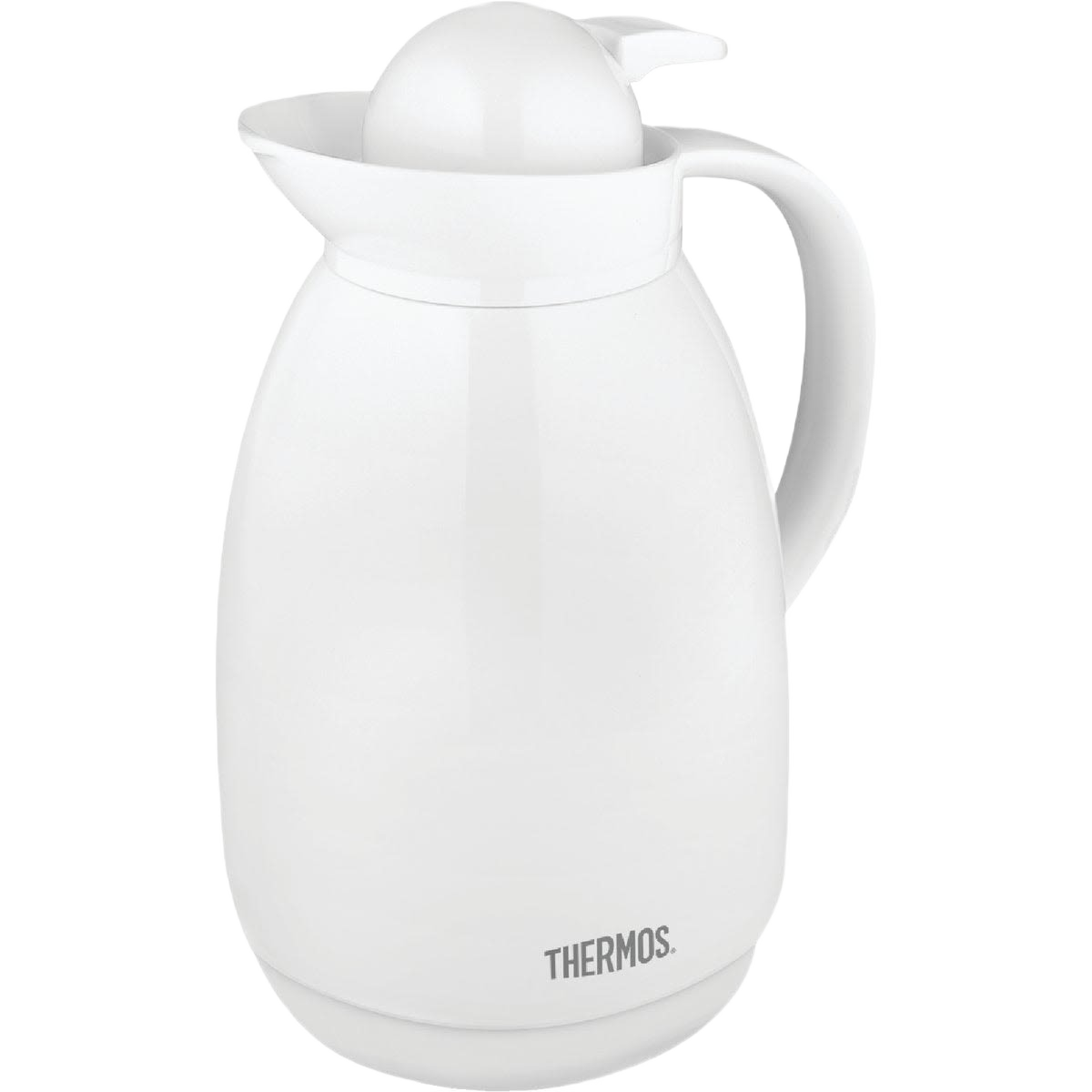 White insulated thermal carafe with ergonomic handle and easy-pour spout for hot beverage storage