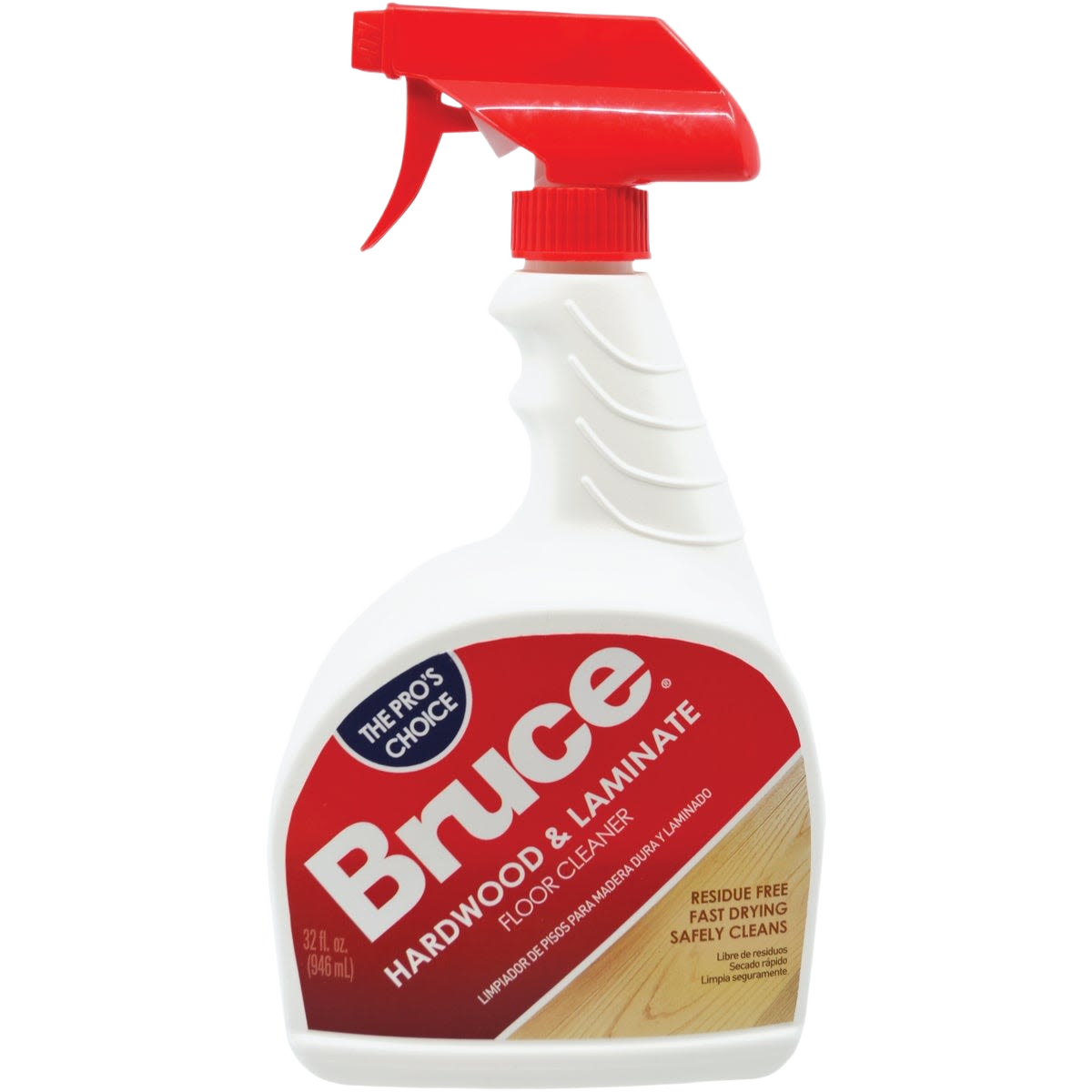 White spray bottle with red trigger labeled Bruce hardwood and laminate floor cleaner for home cleaning tasks