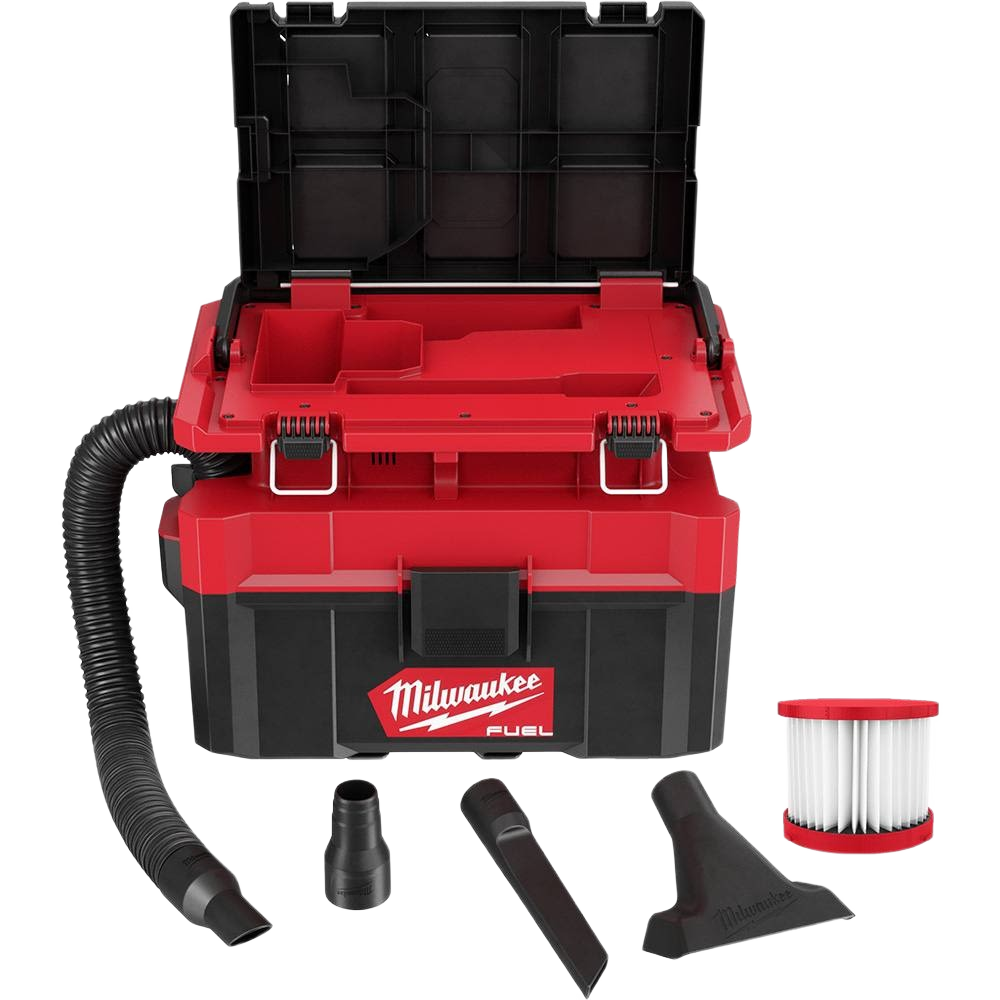 Red and black portable wet/dry vacuum with open top storage and included hose, nozzle attachments, and filter for home improvement tasks