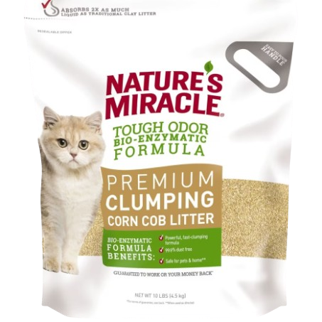 White bag of clumping corn cob cat litter with bio-enzymatic odor control formula for pets and home use