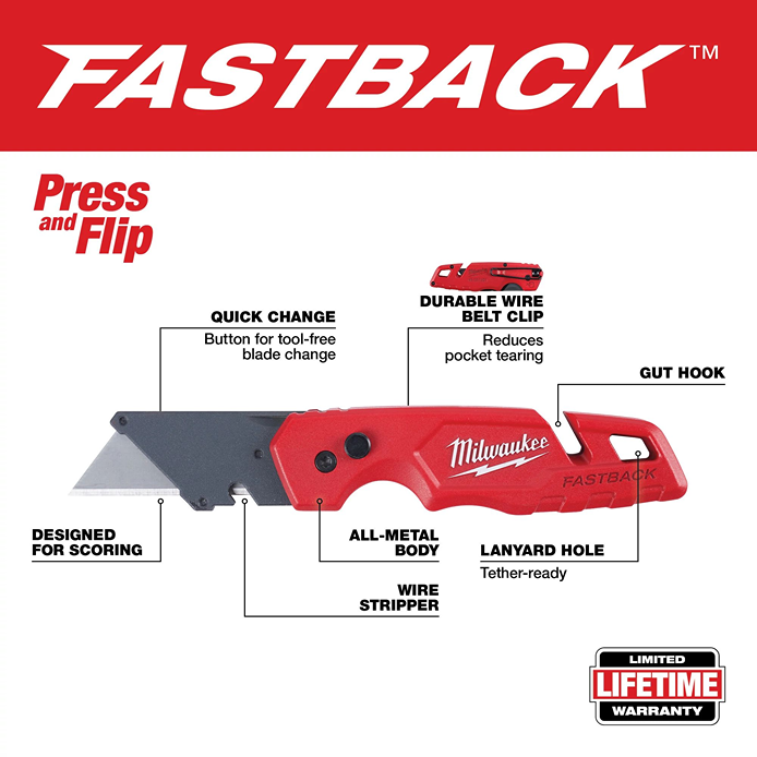 Red Milwaukee FASTBACK™ folding utility knife with tool-free blade change and wire belt clip for cutting and woodworking tools under $50