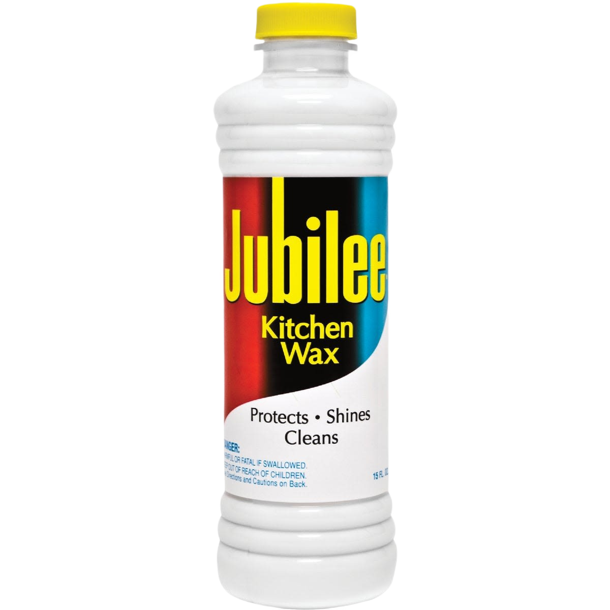Plastic bottle of Jubilee Kitchen Wax cleaner with yellow cap and colorful label highlighting protection and shine for kitchen surfaces