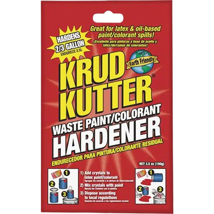 Red and yellow Krud Kutter paint hardener packet for latex and oil-based paint spills in home improvement tools collection