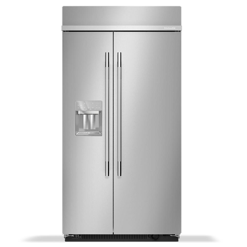 Built-in stainless steel side-by-side refrigerator with exterior water and ice dispenser for modern kitchens