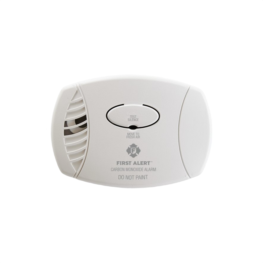 Compact white First Alert carbon monoxide alarm with test button and ventilation grill for home safety and improvement
