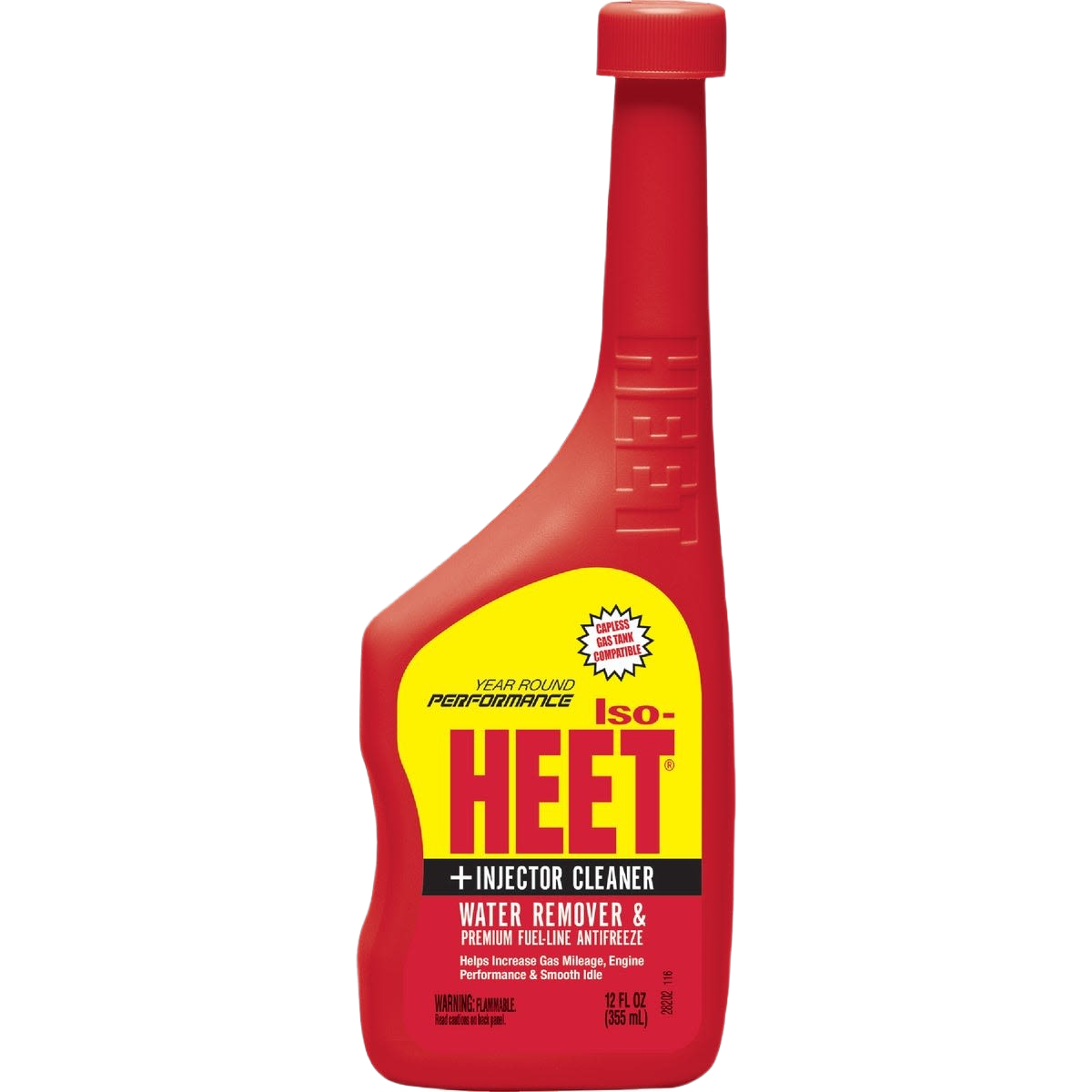 Red bottle of Iso-Heet premium fuel line water remover and injector cleaner for automotive antifreeze and lubricants collections