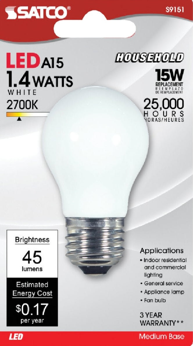 A15 medium LED bulb with white finish, 2700K light color, 45 lumens brightness for indoor lighting use.