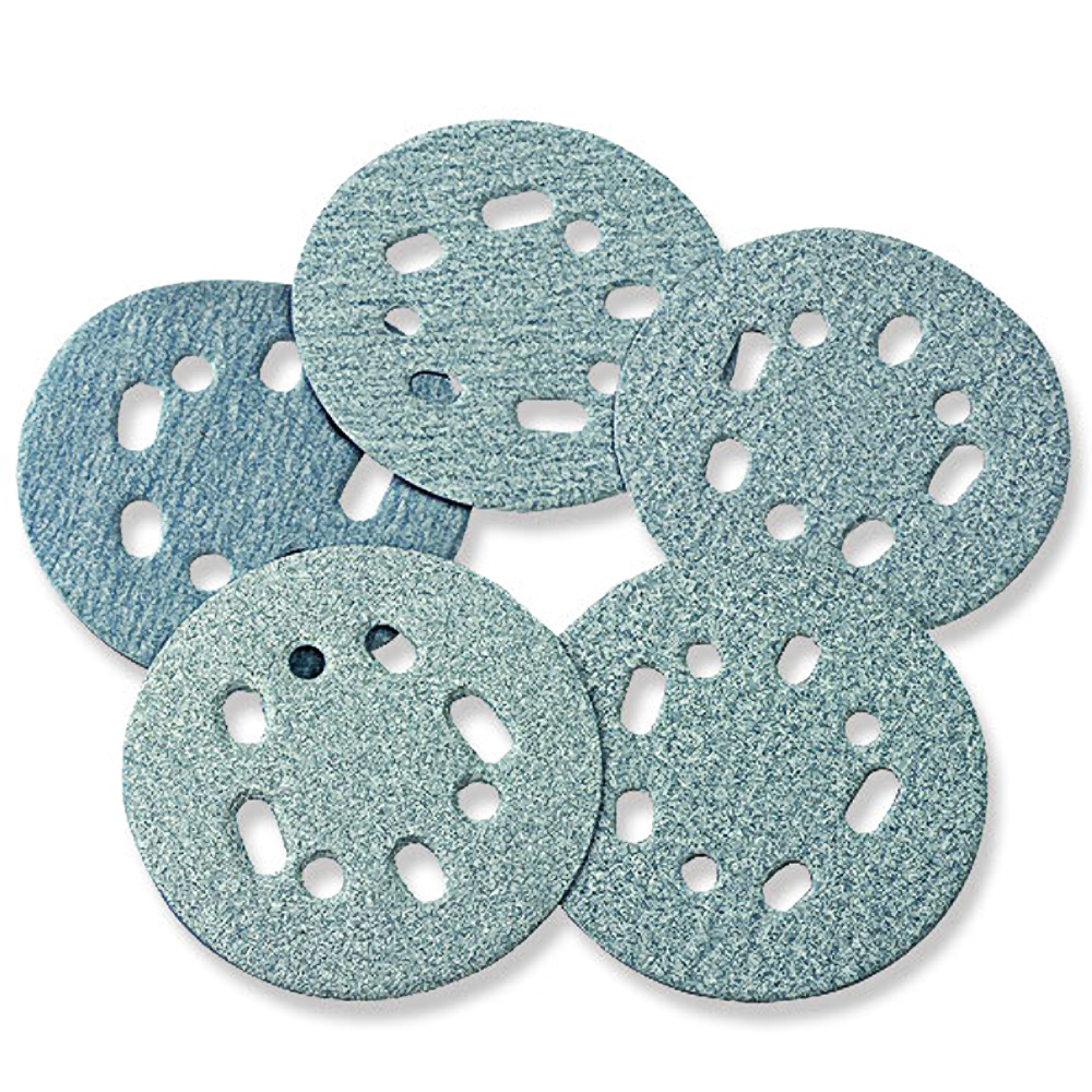 Set of five 5-inch 80-grit hook and sand discs with multiple holes for power tool sanding in home improvement tasks