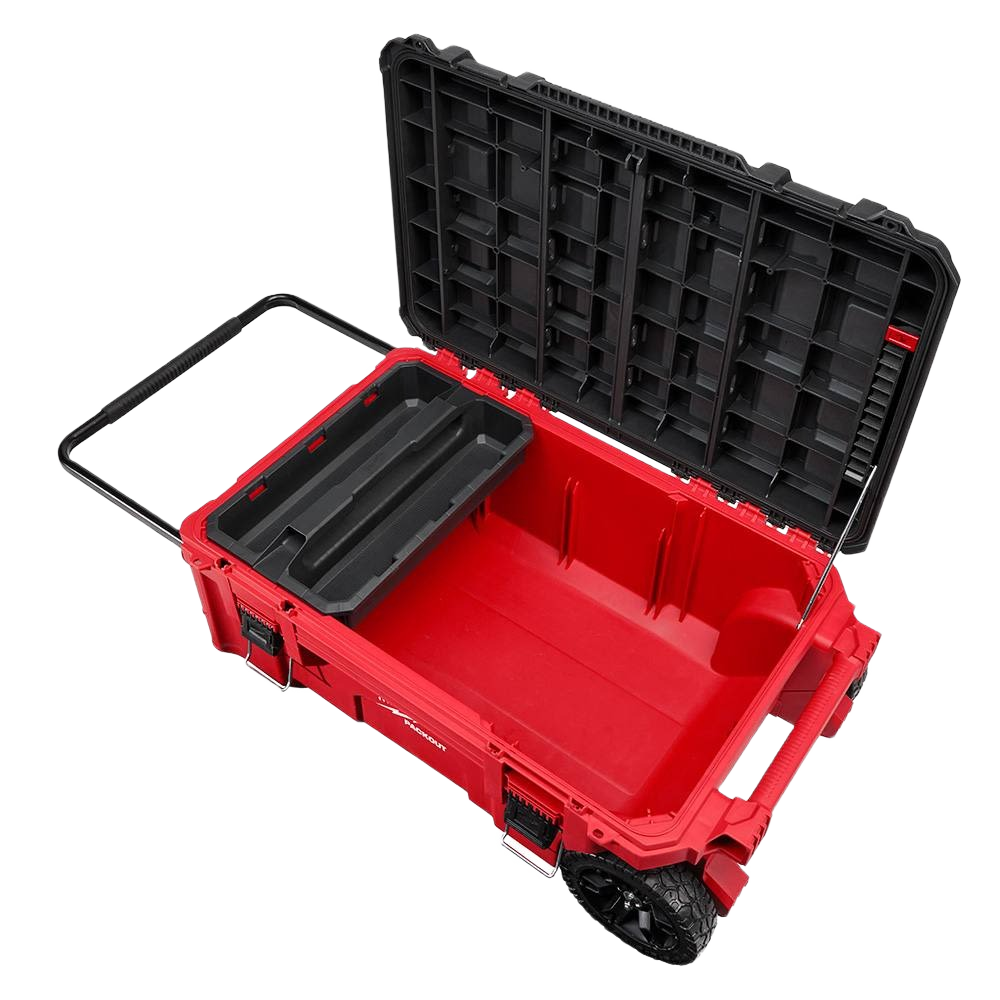Red and black rolling tool chest with durable wheels, extendable handle, and removable storage tray for jobsite organization