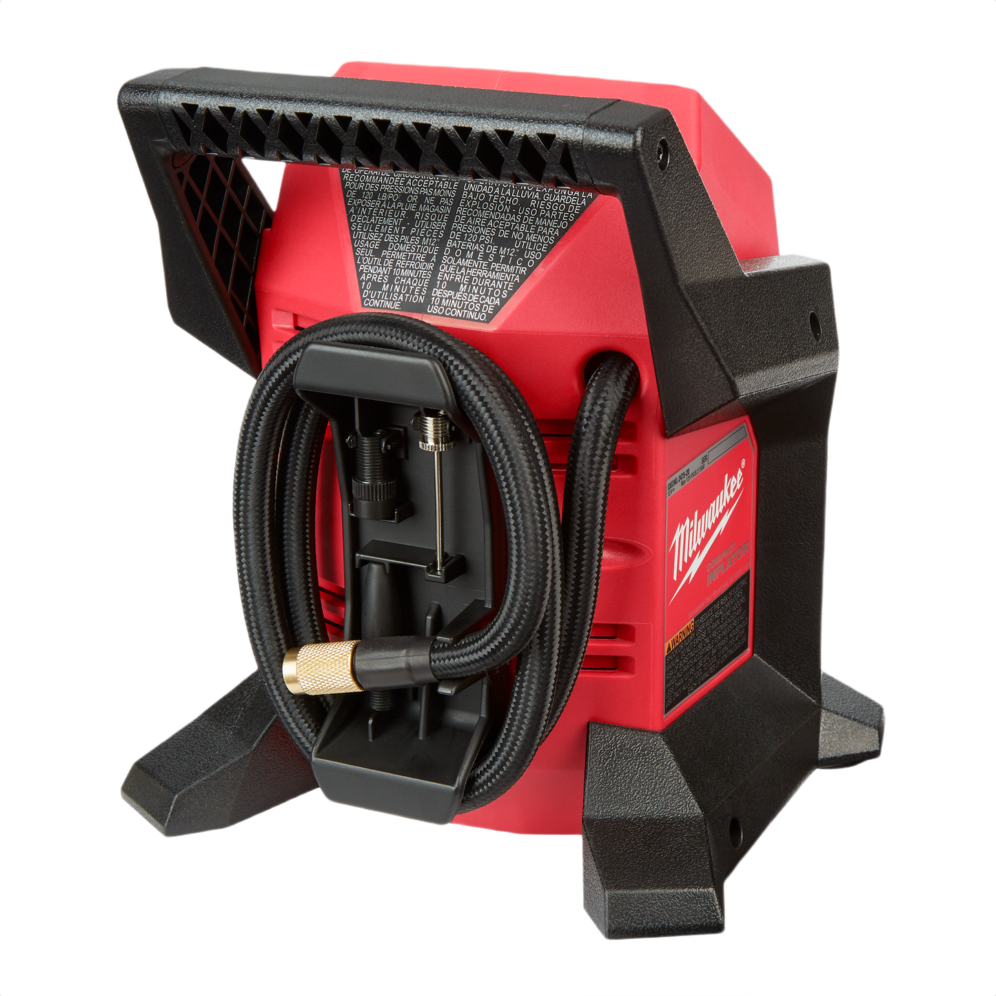 Red and black portable inflator with hose and sturdy handle for inflating tires in air tools and accessories collection