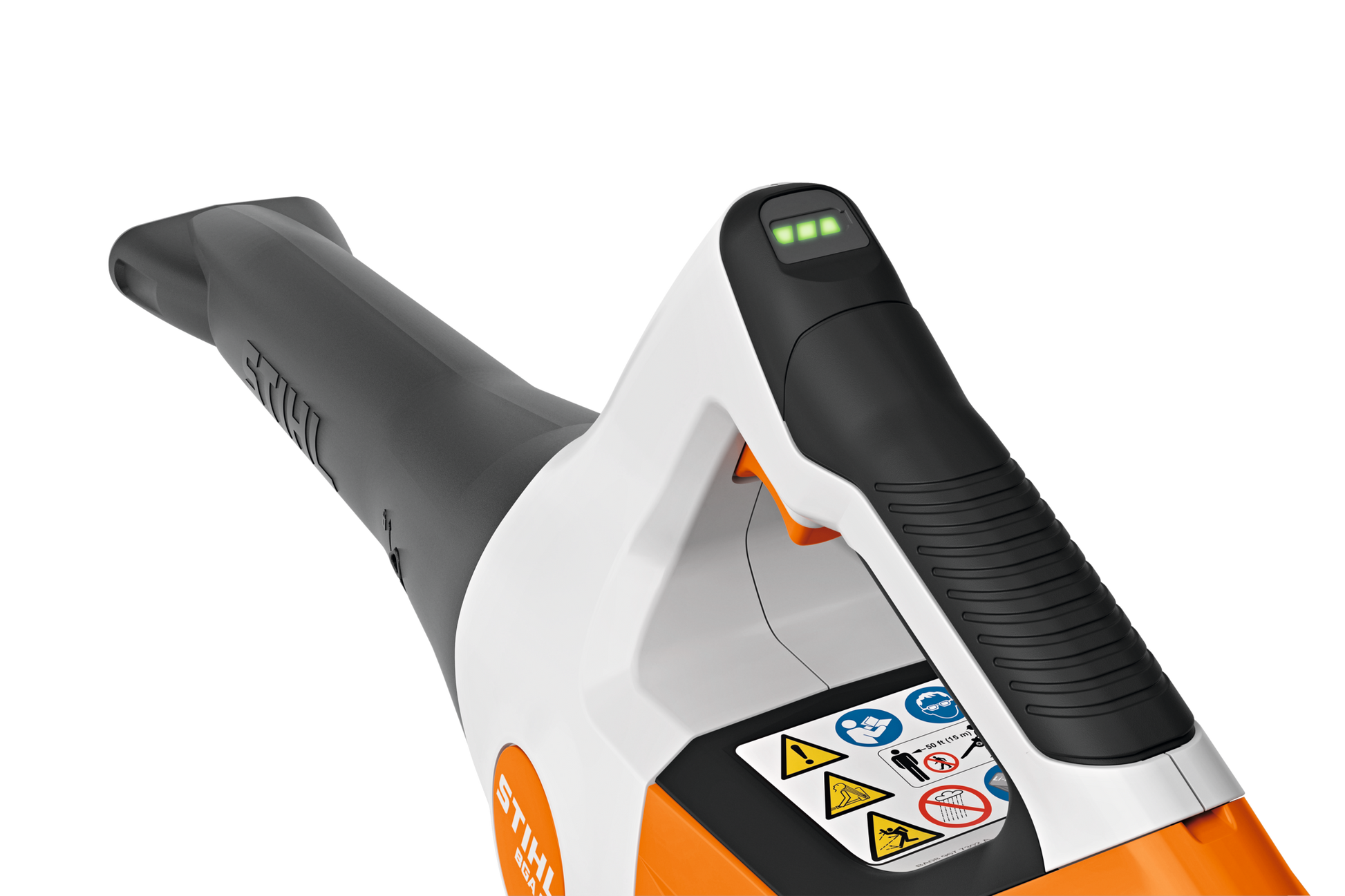 White and orange STIHL cordless blower handle with black textured grip and visible battery level indicator for home improvement tasks
