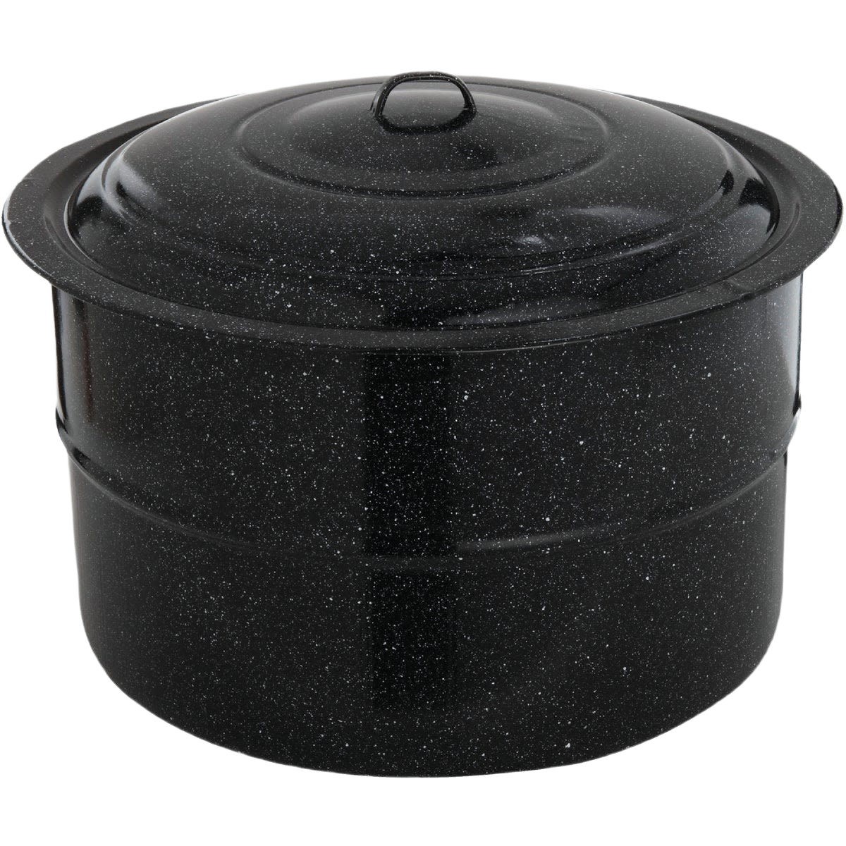 Large black speckled enamel steel preserving canner with fitted lid designed for home kitchen use