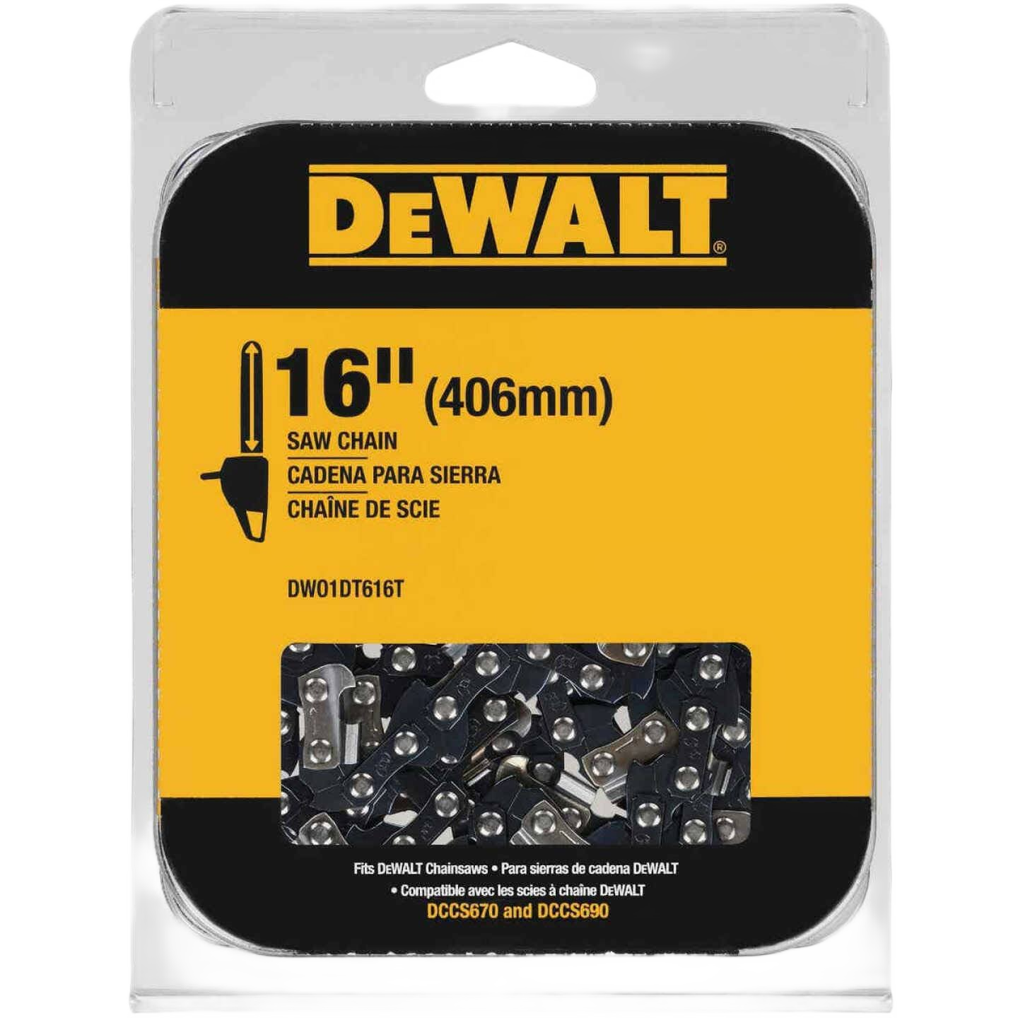 DEWALT 16-inch saw chain in yellow and black packaging for power tool accessories and saw collections under $50