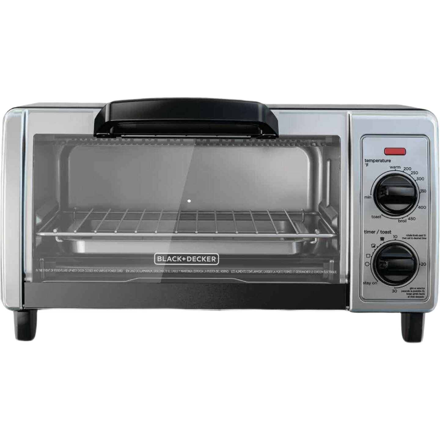 Compact stainless steel toaster oven with temperature and timer dials, part of small kitchen appliances under $100 collection