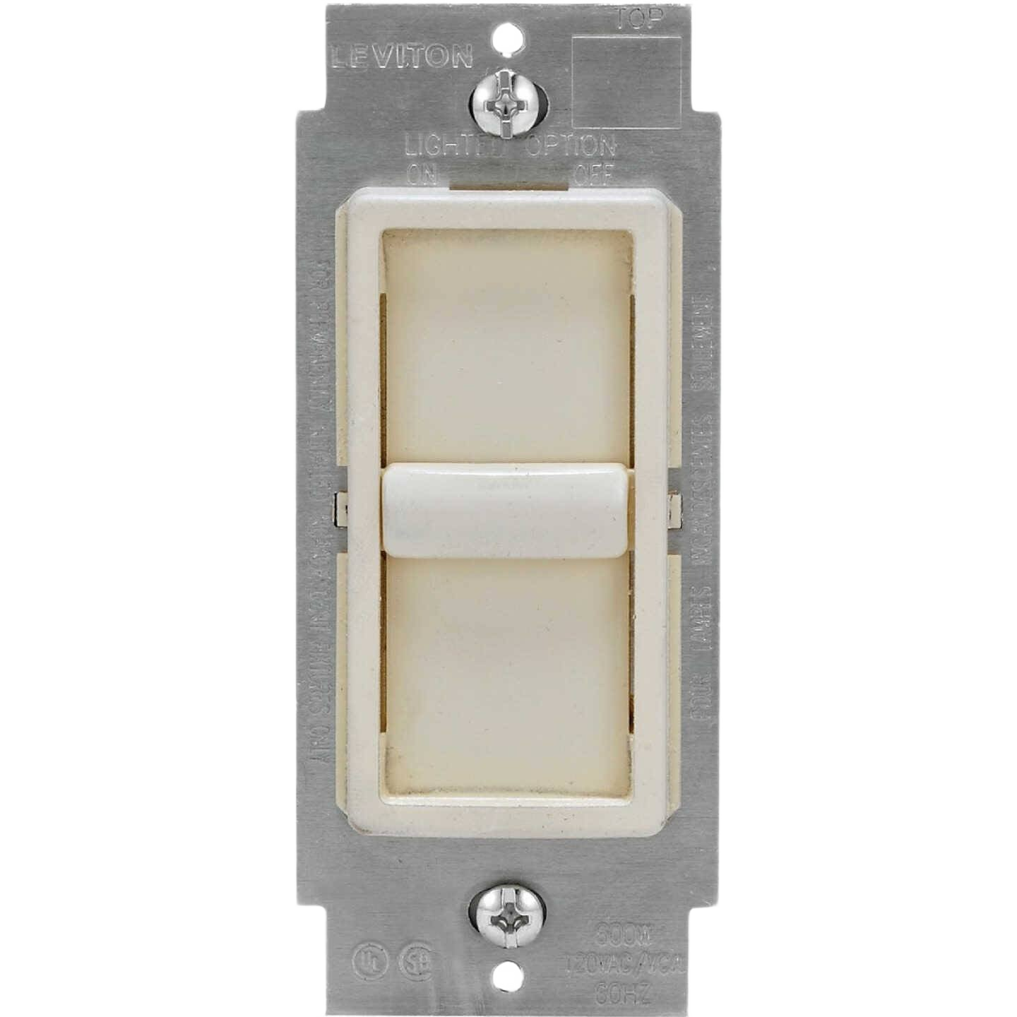 Light almond slide dimmer switch mounted on metal plate for home improvement and electrical control projects