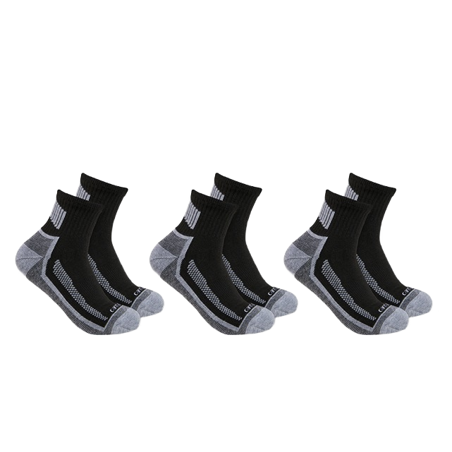 Three pairs of black and gray midweight quarter socks with reinforced soles for men’s footwear under $50 collections