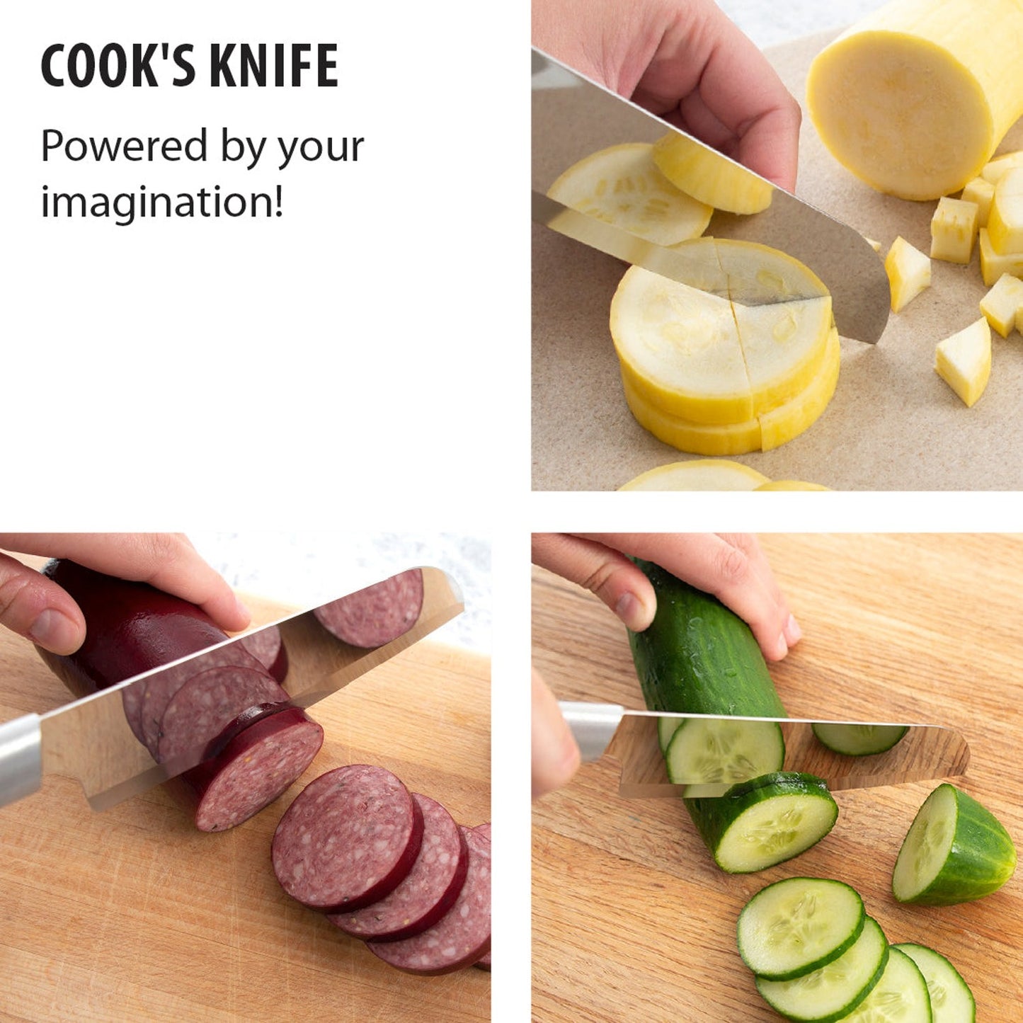 Hand slicing yellow squash, salami, and cucumber with stainless steel cooks knife on cutting boards