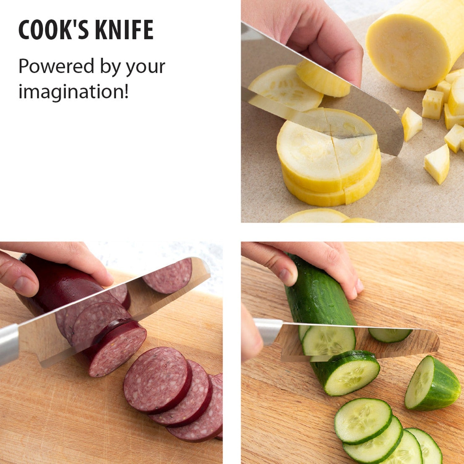 Hand slicing yellow squash, salami, and cucumber with stainless steel cooks knife on cutting boards