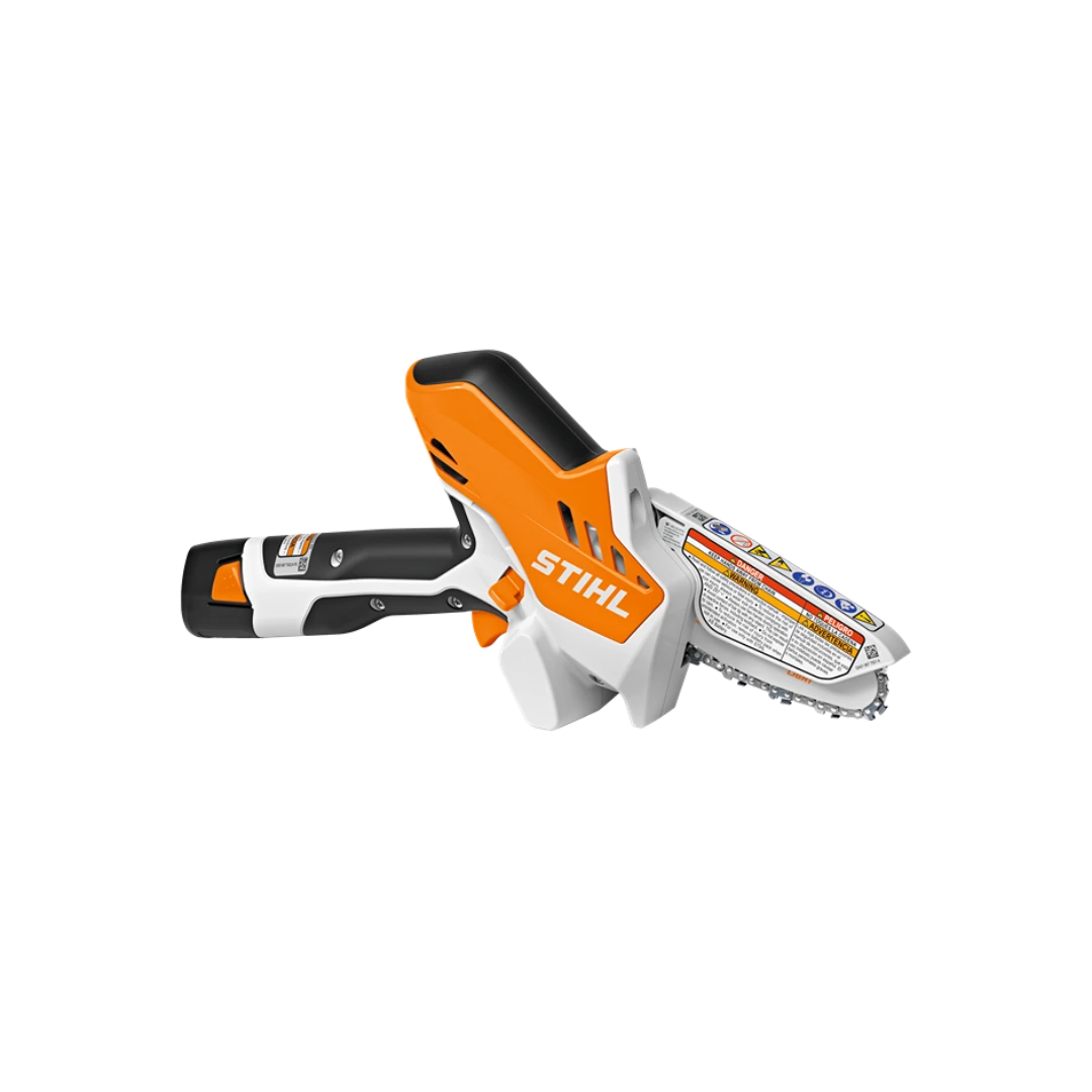 Orange and white handheld cordless garden pruner with safety label and ergonomic grip for precise trimming tasks