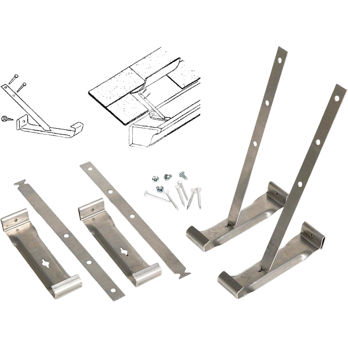 Set of metal gutter hanger brackets with mounting screws and roof straps for home improvement installation tasks