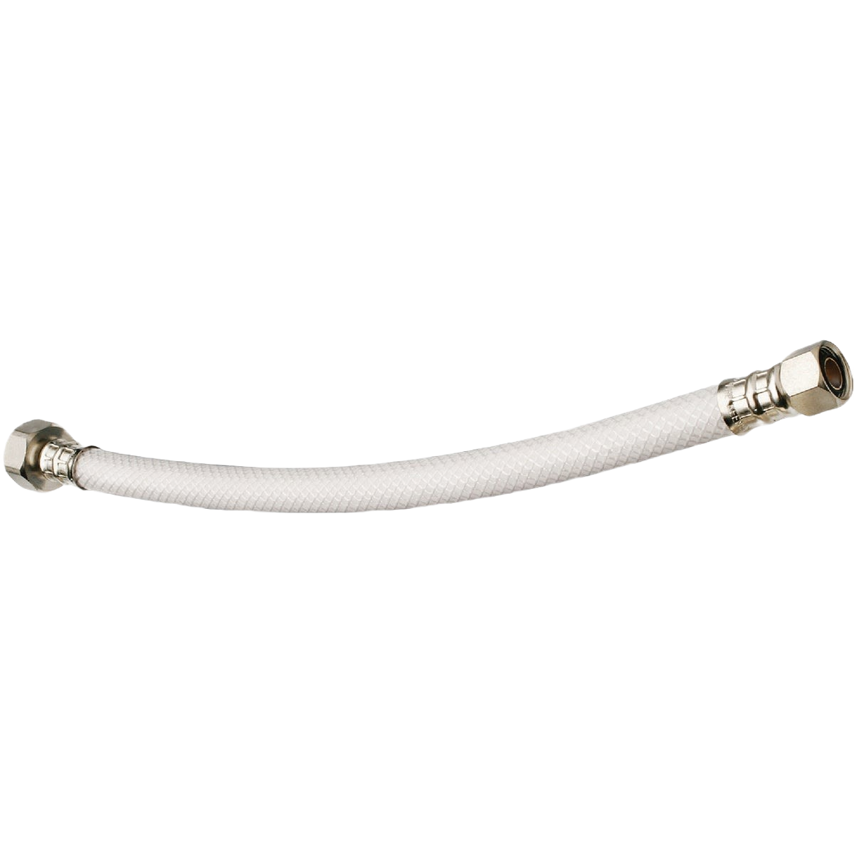 Flexible white vinyl faucet connector with metal fittings for plumbing repair and water supply installation applications