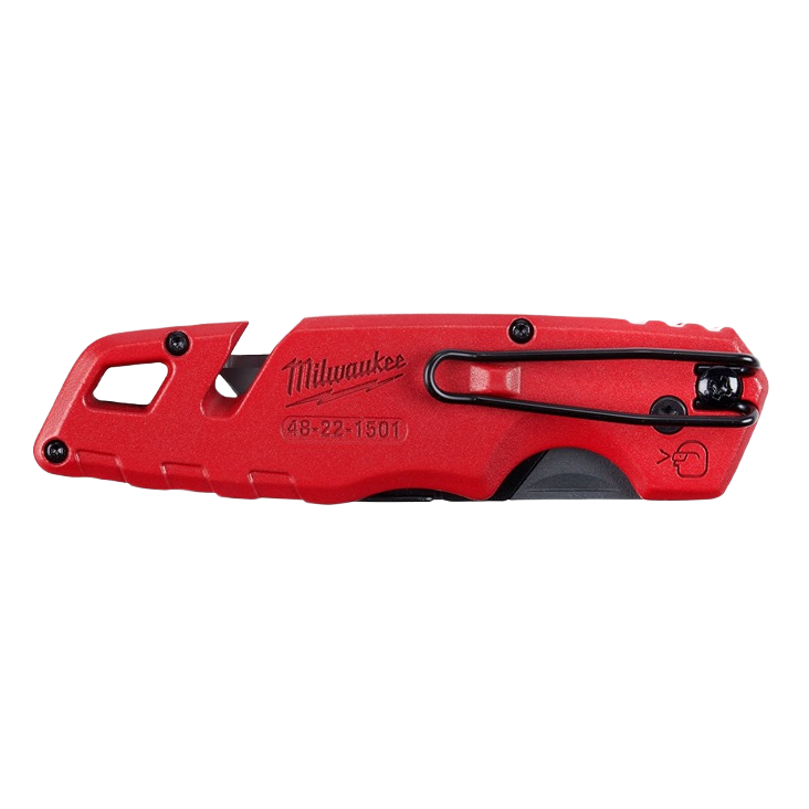 Red Milwaukee FASTBACK™ folding utility knife with one-handed blade opening and clip for woodworking and hand tools collections under $50
