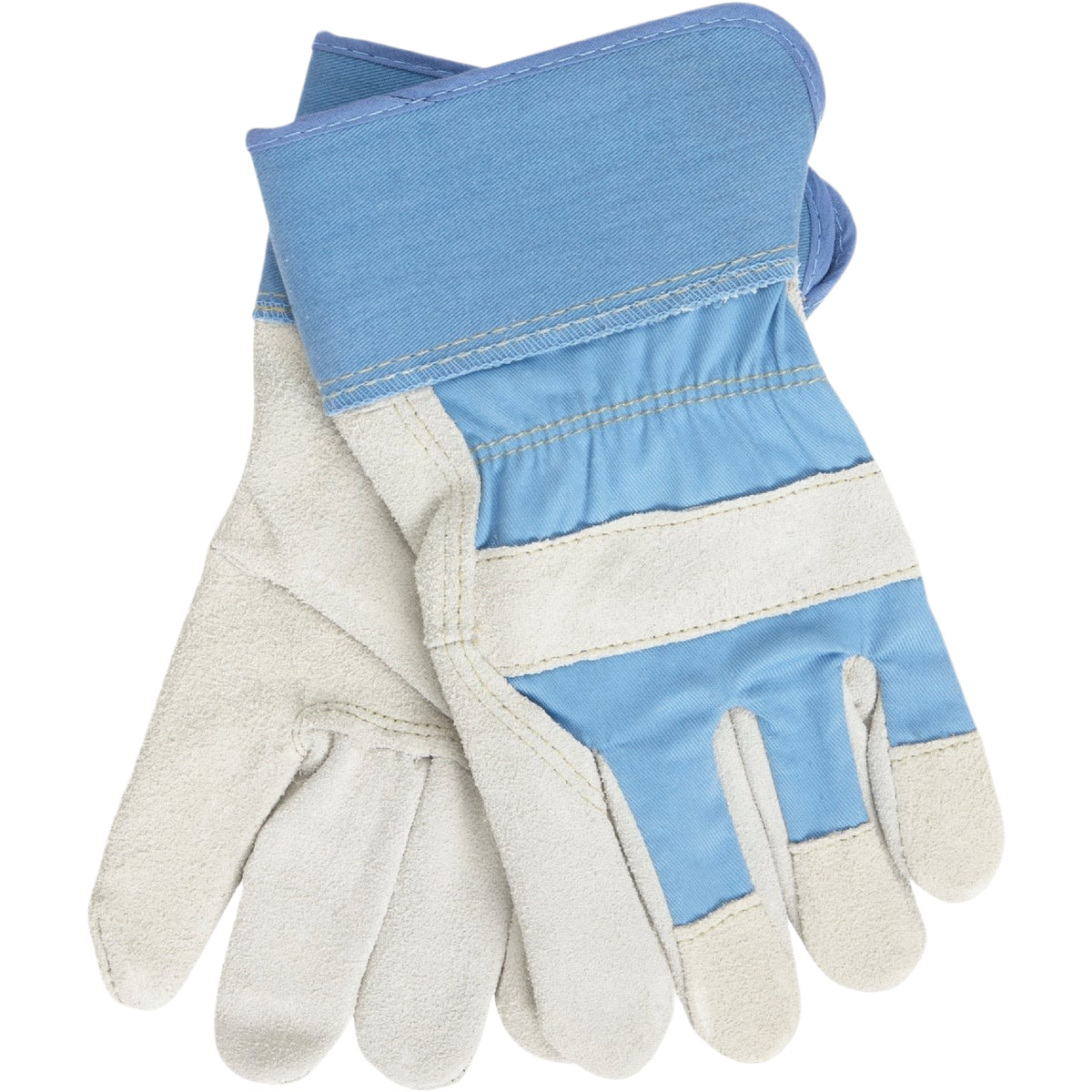 Pair of medium blue and white leather work gloves designed for home improvement and tools use