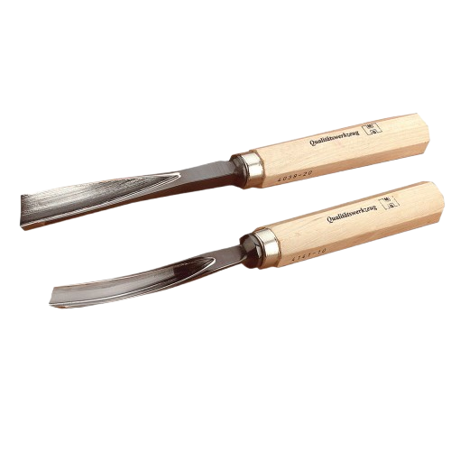 Pair of woodworking carving tools with wooden handles and polished steel blades for detailed home improvement tasks