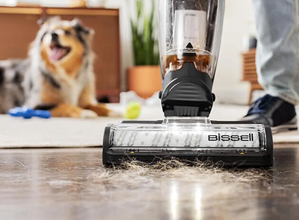 Multi-surface vacuum cleaner removing pet hair from hard floor in a home setting with a dog nearby