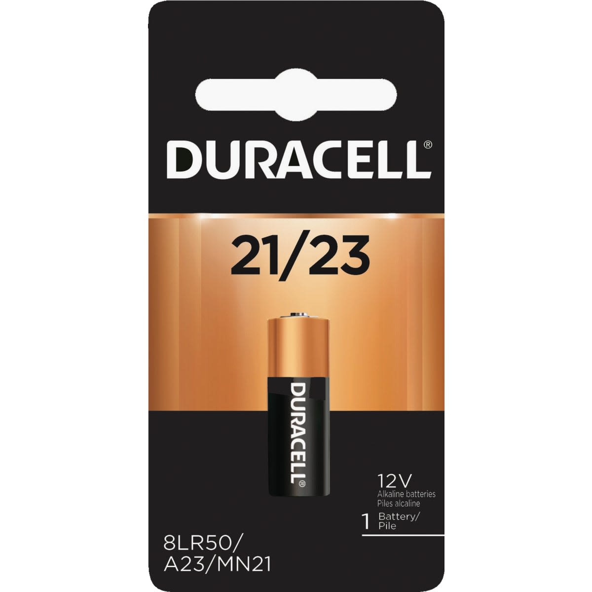 Single Duracell alkaline battery with black and copper color scheme for use in tools and home improvement devices