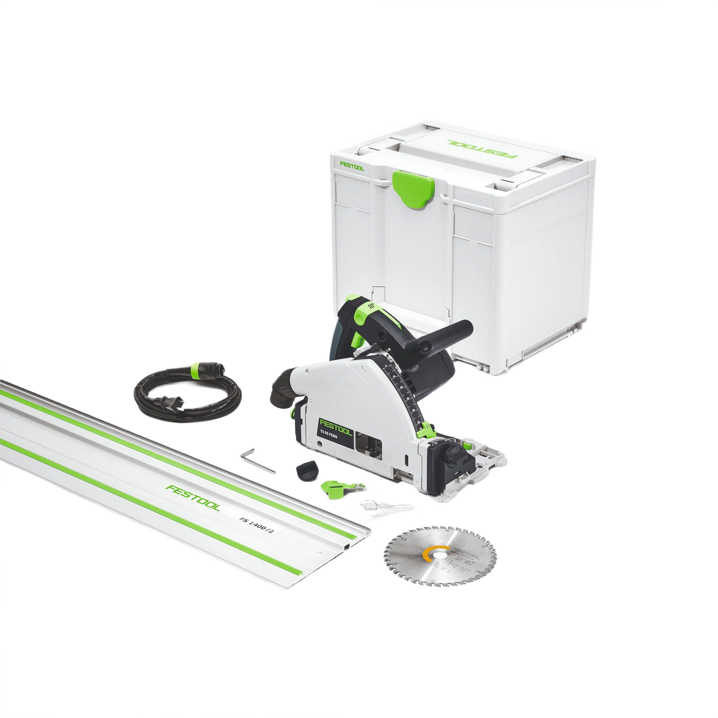 Compact plunge-cut track saw set with 55-inch guide rail, storage case, and cutting blade for precision woodworking tasks