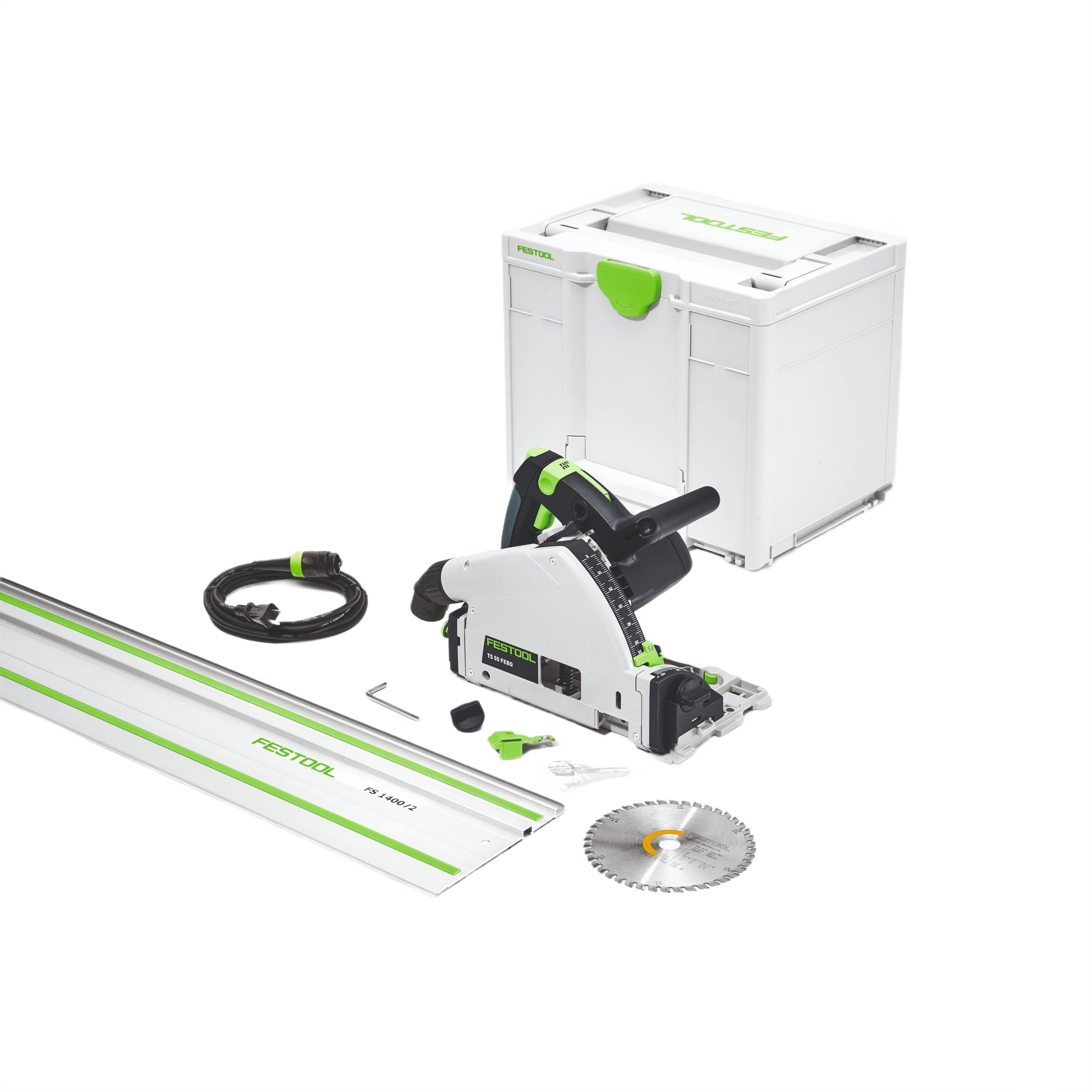 Compact plunge-cut track saw set with 55-inch guide rail, storage case, and cutting blade for precision woodworking tasks