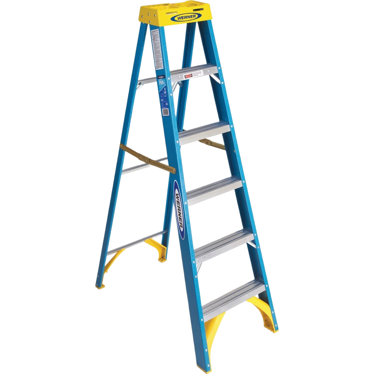 Blue fiberglass step ladder with yellow top and feet, metal steps, designed for tools and home improvement use