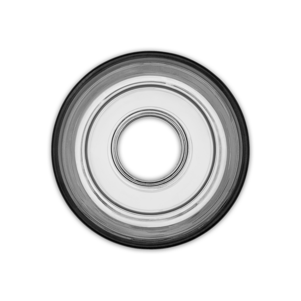 Clear circular chug cap with black outer ring designed for durable and spill-resistant beverage bottle closure