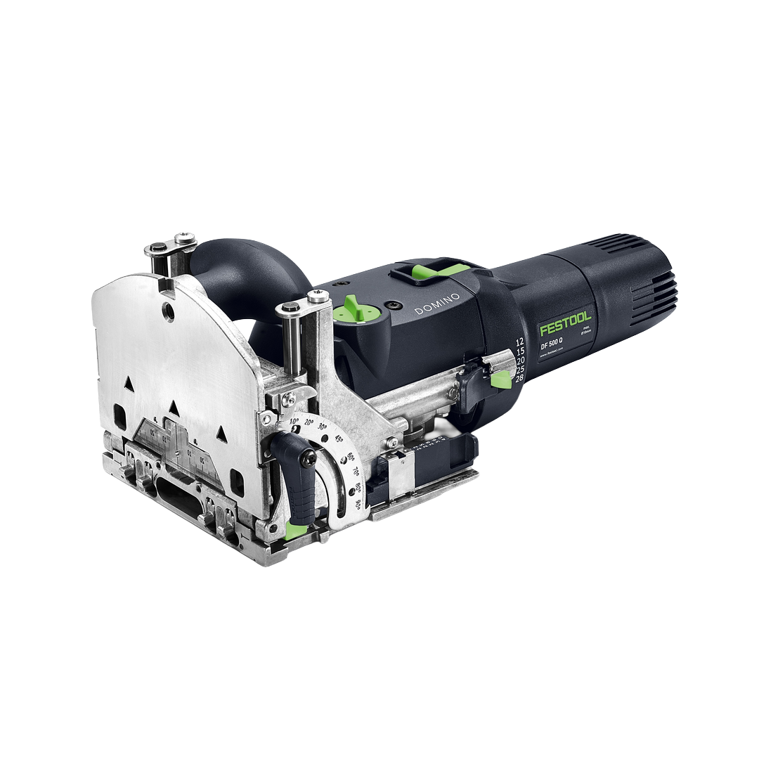 Compact black and green woodworking joiner tool with metal base and adjustable angle settings, designed for precise wood joint connections in power tools collection.