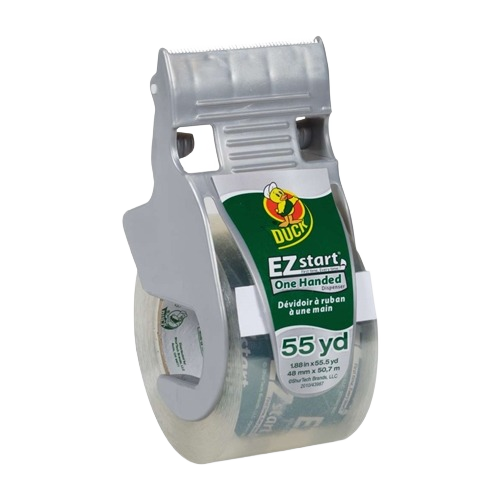 Clear packaging tape with built-in dispenser designed for easy one-handed use, ideal for home improvement and supplies.