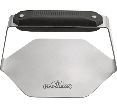Hexagon-shaped stainless steel burger press with black handle, designed for consistent patty shaping in grilling and outdoor cooking accessories.