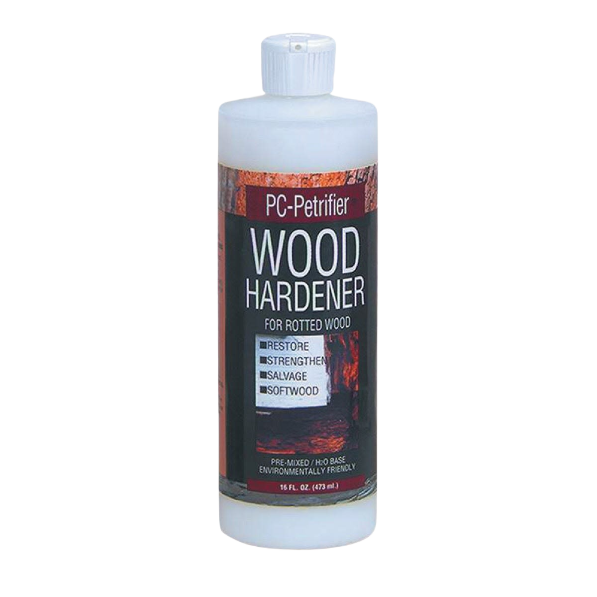 White plastic bottle of PC-Petrifier wood hardener for restoring and strengthening rotted and softwood surfaces in home improvement projects