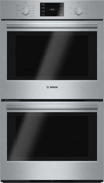 30-inch stainless steel double wall oven with industrial metal knobs and digital display in Bosch kitchen appliances collection