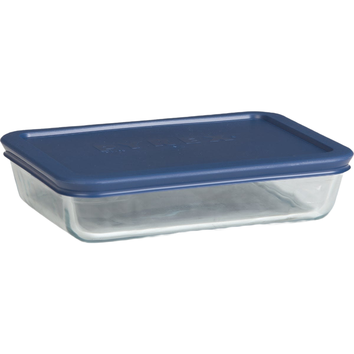 Clear rectangular glass container with navy blue plastic lid for kitchen storage and food organization