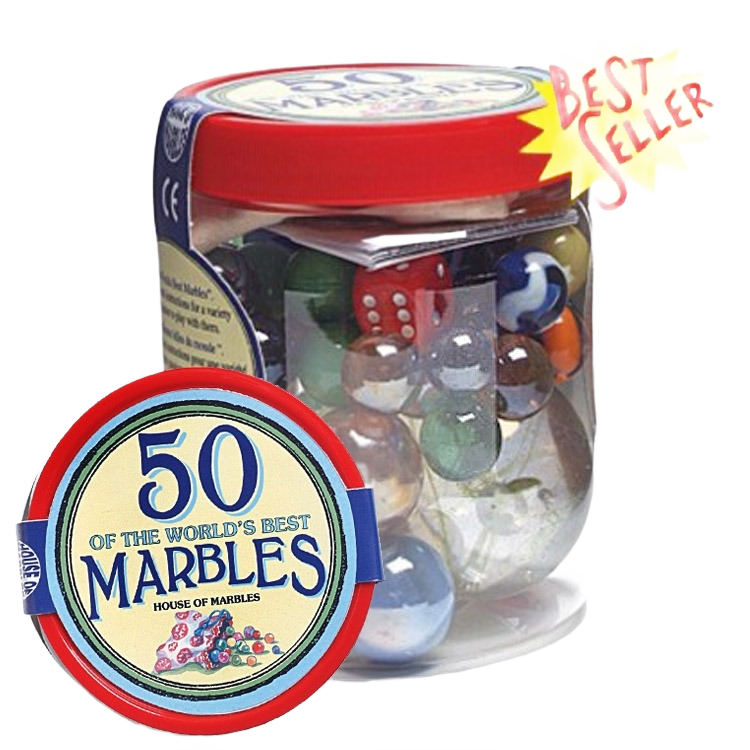 Clear plastic tub with red lid containing a variety of colorful glass marbles including solid and swirled designs