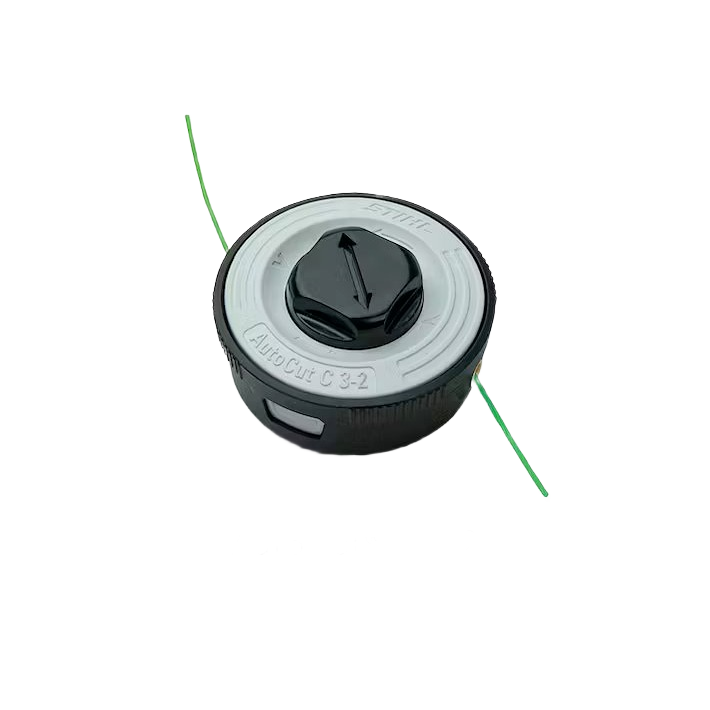 Black and white circular trimmer head with green cutting lines for garden and lawn maintenance tools.
