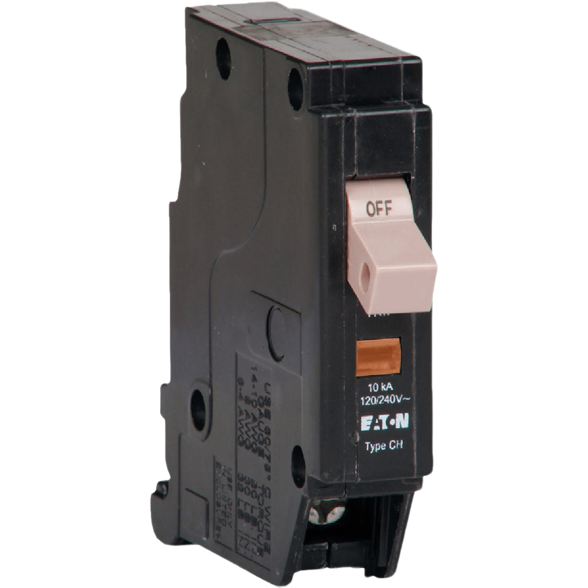 Black single-pole circuit breaker switch in off position for home improvement electrical safety and control tasks