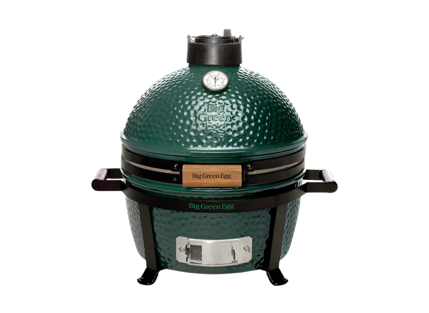 Compact green ceramic kamado grill with built-in thermometer and sturdy handles for charcoal grilling and outdoor living