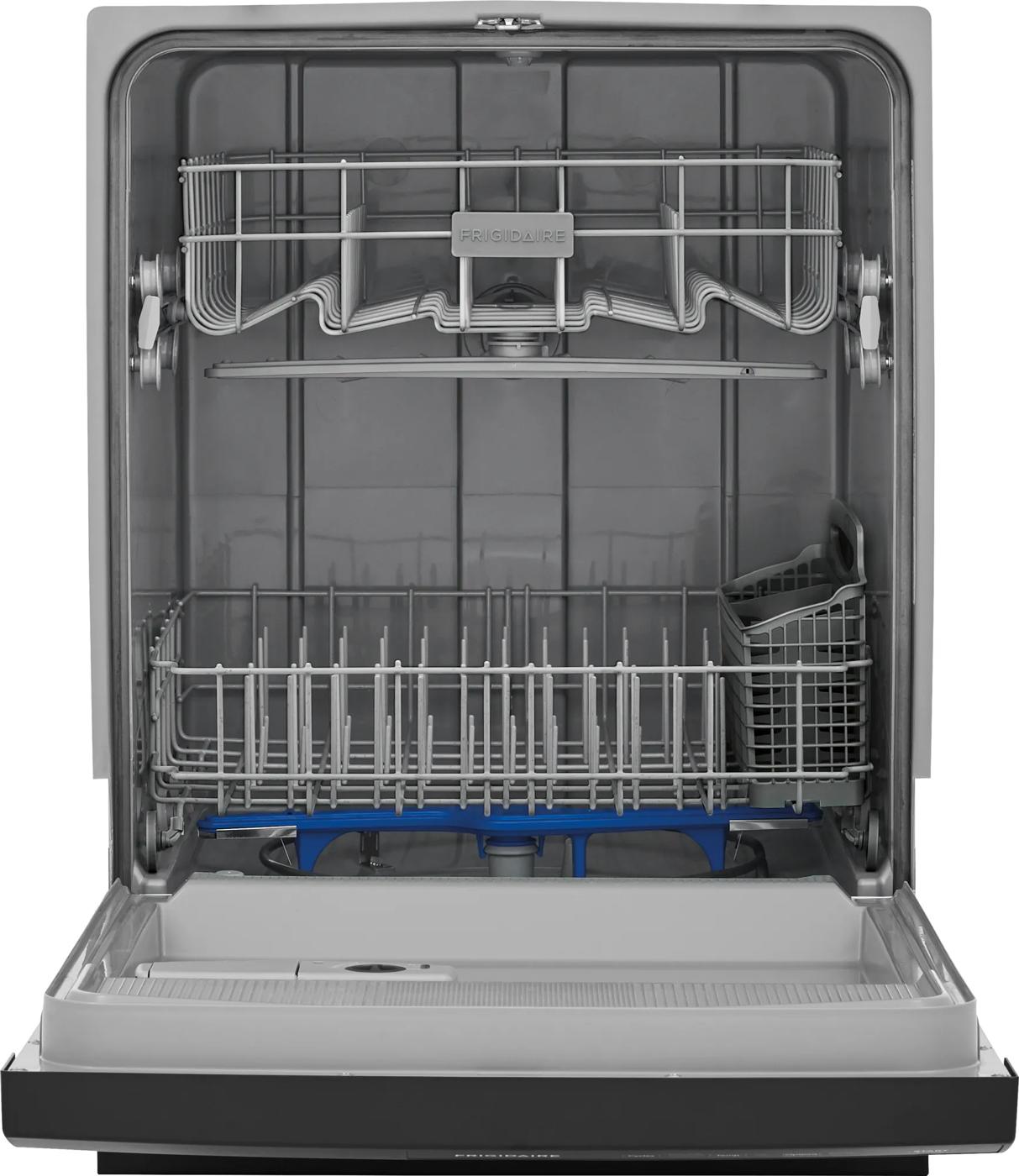 Interior of open 24" built-in dishwasher showing racks and silverware basket in kitchen appliances collection