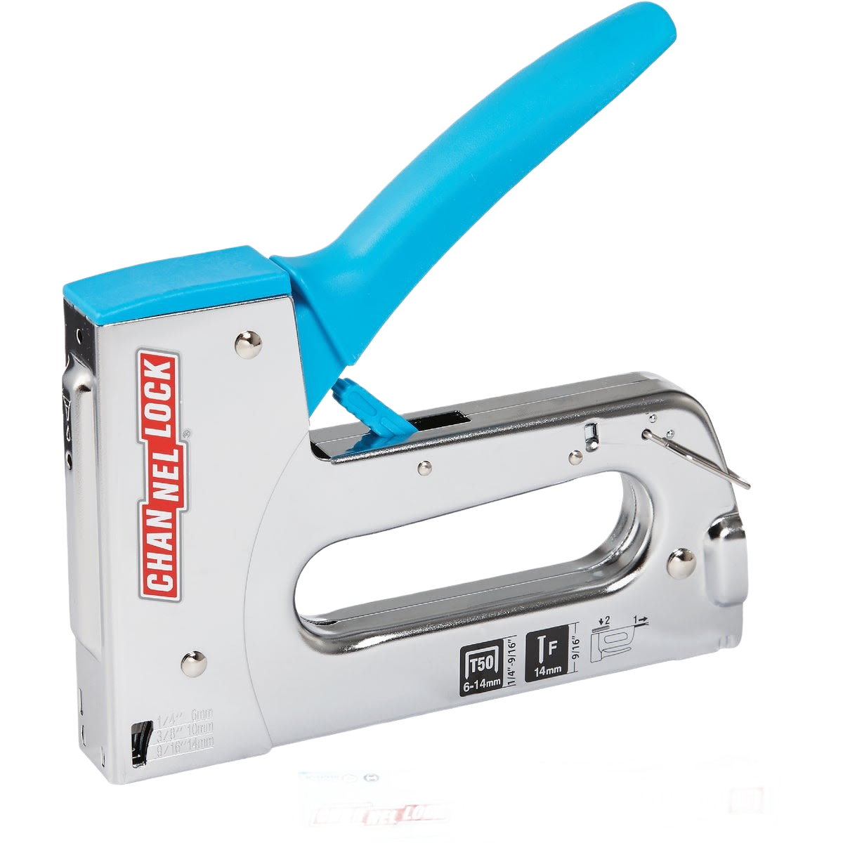 Metal staple gun with blue handle for heavy-duty brad nails and staples in home improvement tasks