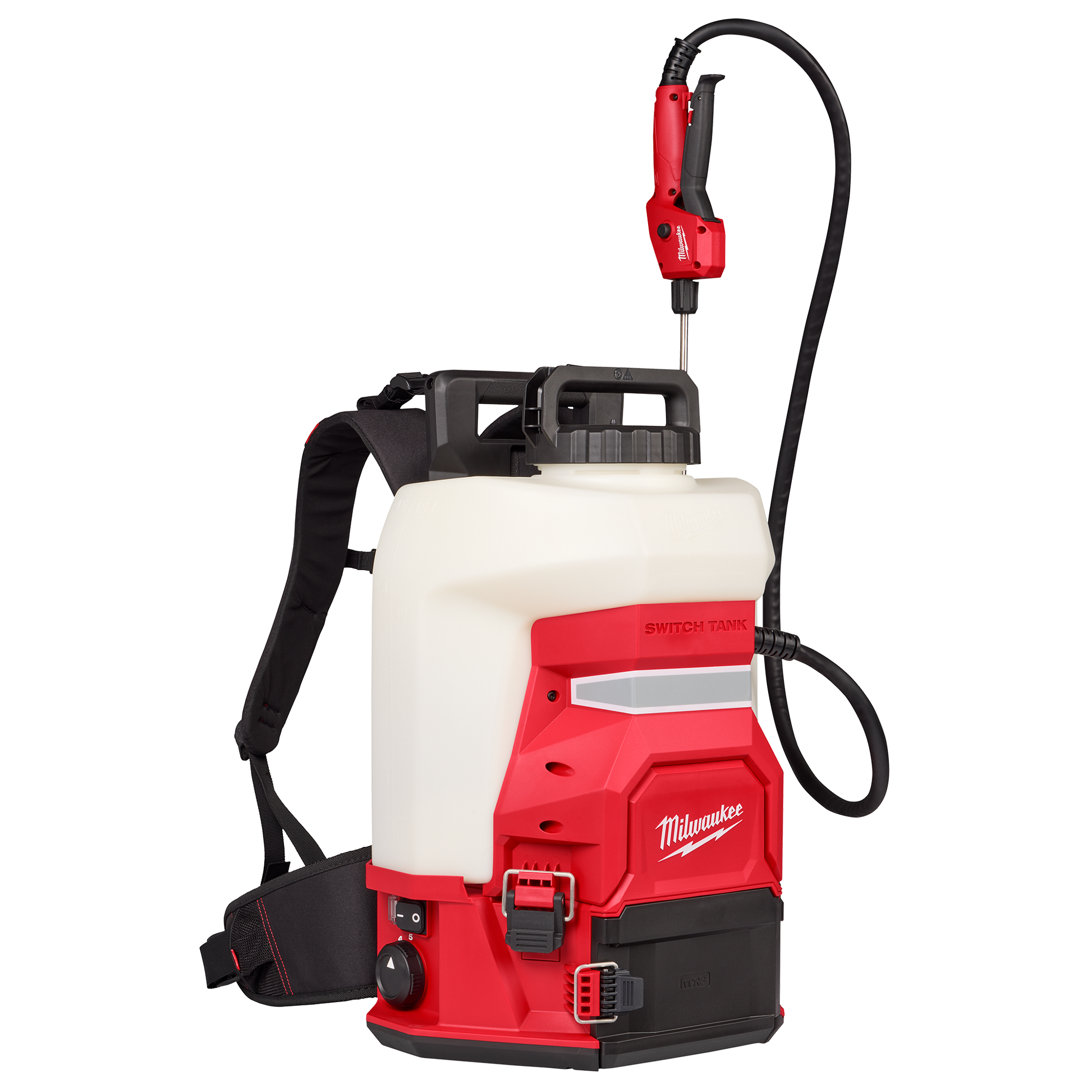 Battery-powered backpack sprayer with 4-gallon tank, red and white design, hose, and adjustable handle for home improvement tasks